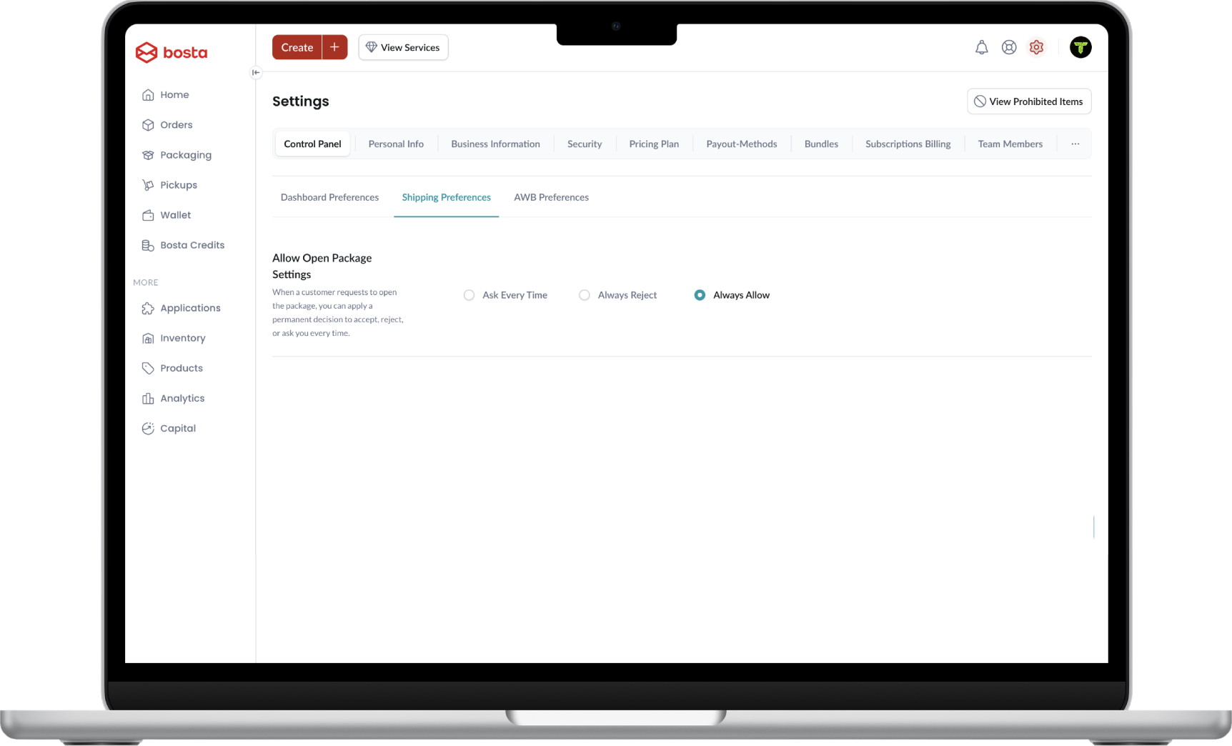 Merchant portal open package settings